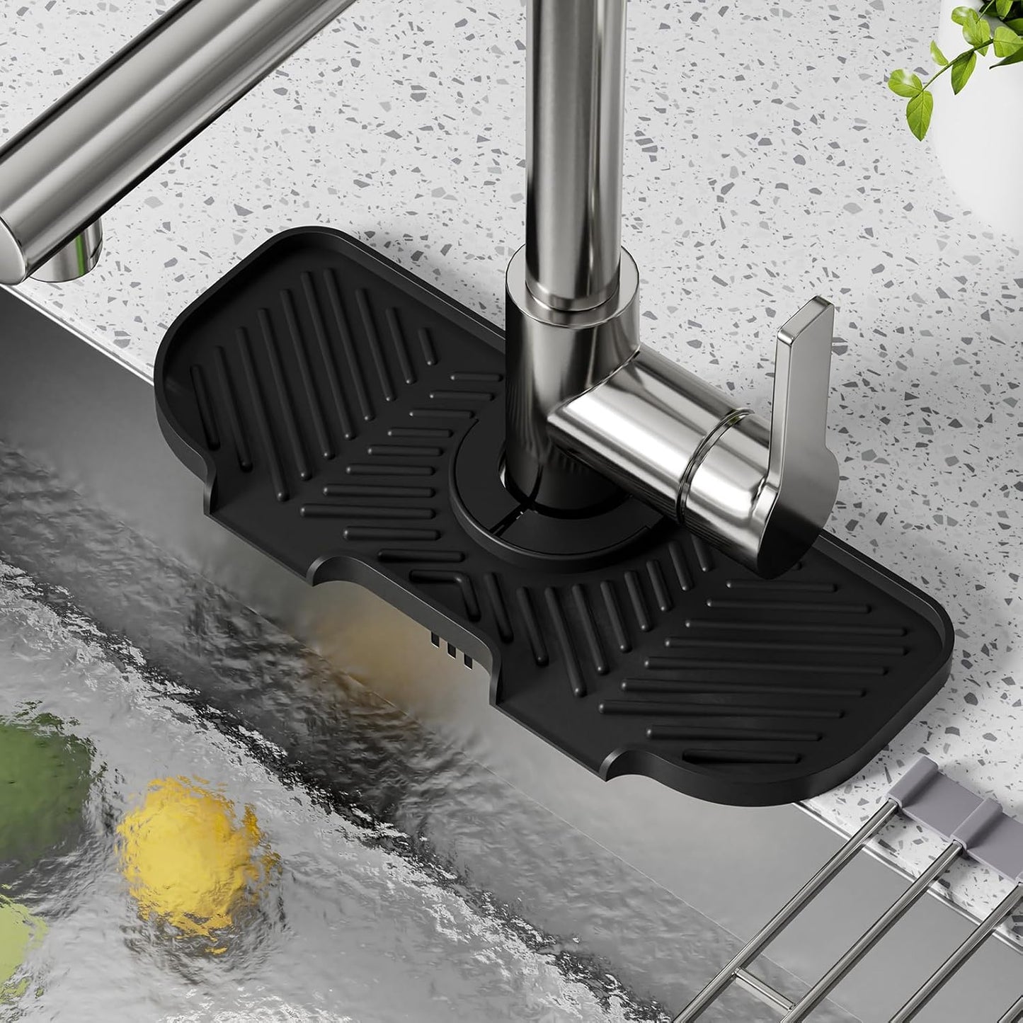 Faucet Mat for Kitchen Sink，6° Slope Sink Splash Guard，Splash Guard for Kitchen Sink，Kitchen Sink Splash Guard for Dish Soap Sponge Holder，Silicone Faucet Guard & Draining Mat-Black