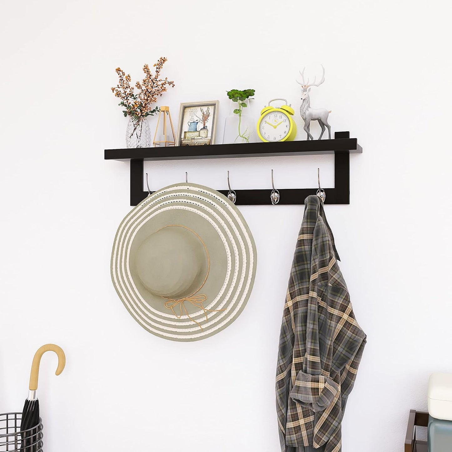 SMIBUY Coat Hooks with Shelf Wall-Mounted, 29.2 Inch Entryway Coat Rack for Wall, Bamboo Hanging Shelf with 5 Double Metal Hooks for Bathroom, Bedroom, Kitchen, Living Room, Mudroom (Black+Silver)