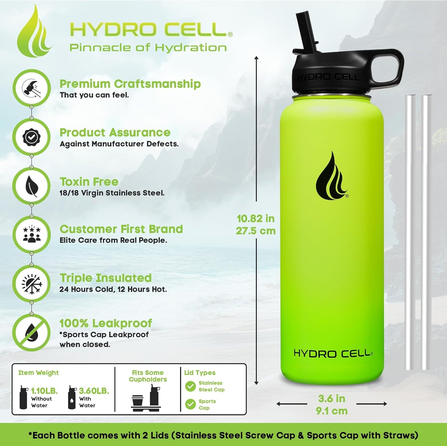 HYDRO CELL Stainless Steel Insulated Water Bottle with Straw - For Cold & Hot Drinks - Metal Vacuum Flask with Screw Cap and Modern Leakproof Sport Thermos for Adults (Neon 40oz)