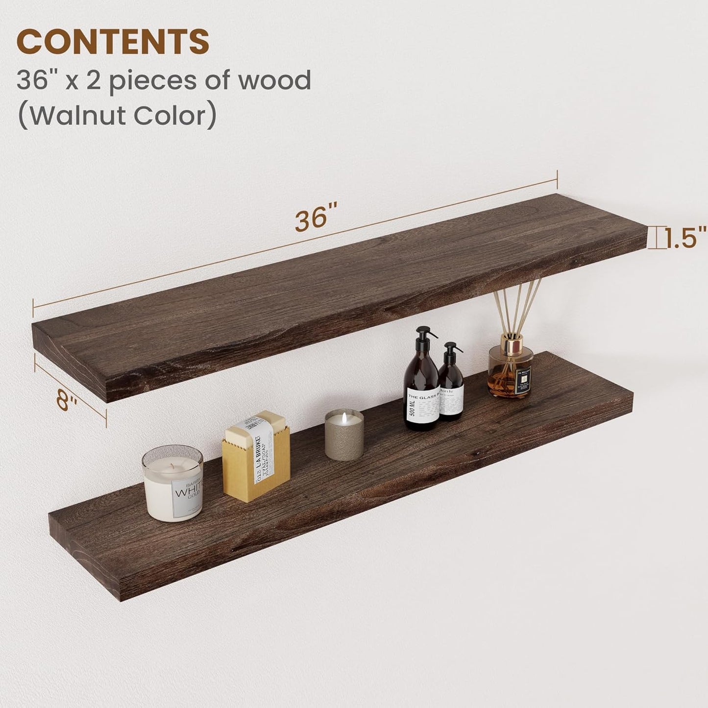 Floating Shelves for Wall Decor, 8 Inch Deep Rustic Solid Elm Wood Floating Shelves Wall Mounted, Wall Shelves with Invisible Bracket for Living Room Bathroom Bedroom Kitchen, 36 Inch Set of 2, Walnut