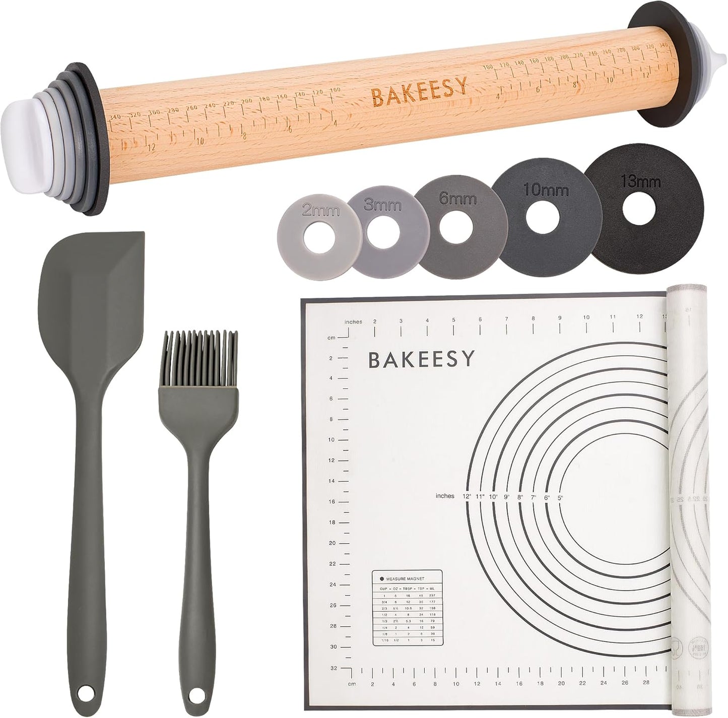 Bakeesy's 14' Wooden Rolling Pin Set with 5 Adjustable Thickness Rings - Roller Pin for Rolling Pizza, Cookie Dough, Pastry, Ravioli, Clay Slab - Full Set with Accessories - Perfect Baking experience