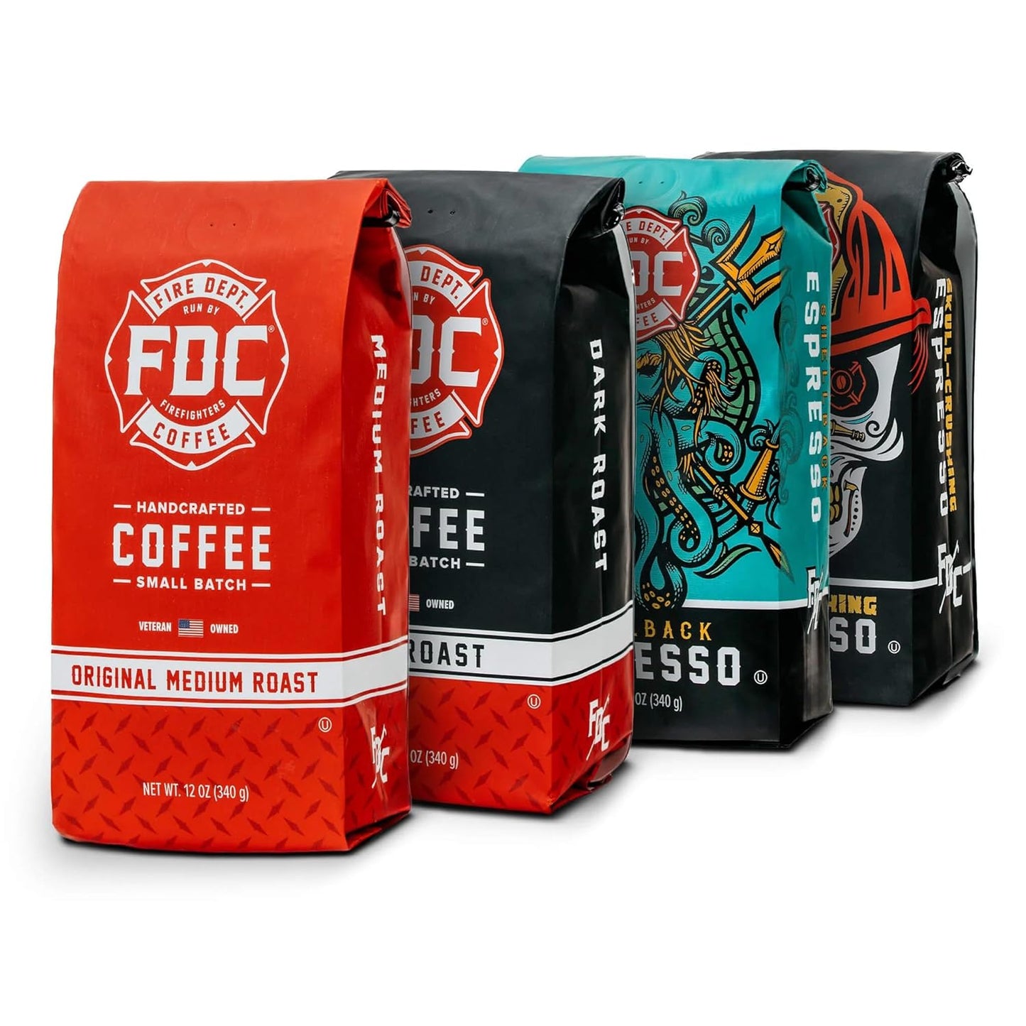Fire Department Coffee - Gives Back to Firefighters - Rescue Variety Pack - Ground Coffee - Medium, Dark, Shellback Espresso, & Skull Crushing Espresso - Veteran Owned (12 oz, Pack of 4)