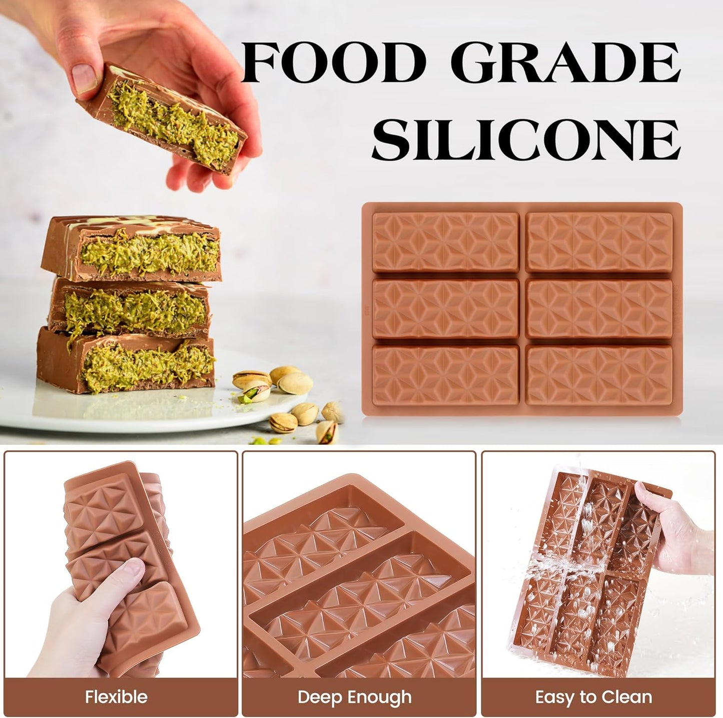 2 Pcs Chocolate Bar Mold Deep Dubai Stuffed Silicone Molds for Filling Knafeh Pistachio Chocolate Bar and Wax Melts Rectangle Thick Candy Bar Molds Break Apart (Pyramid)