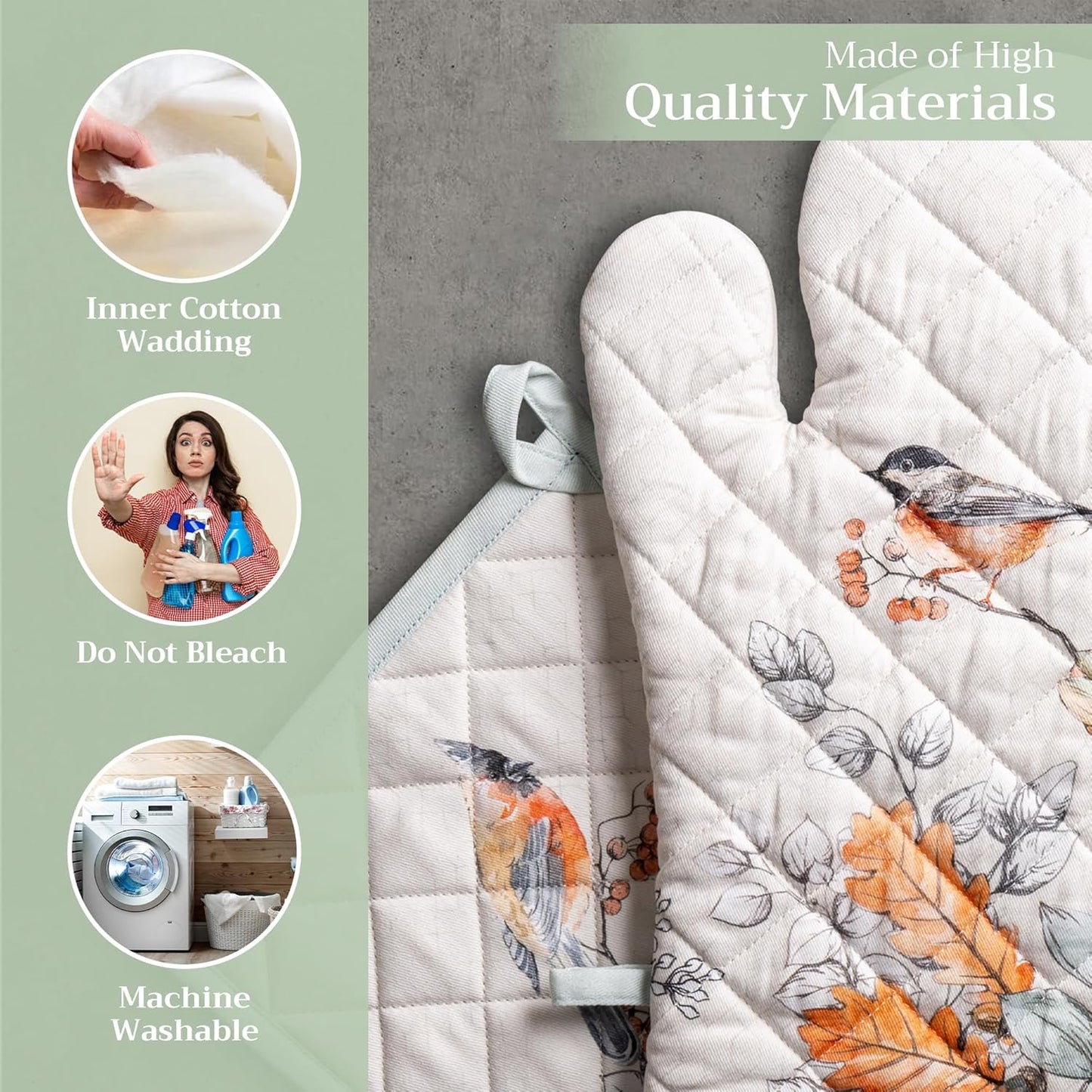 Maison d' Hermine 100% Cotton Oven Mitt & Pot Holder Set (7.5"x13" & 8"x8") Heat Resistant BBQ Cooking Gloves with Loop, Baking, Grilling, Kitchen, Handling Hot Pans (Whitish Shabby Chique)