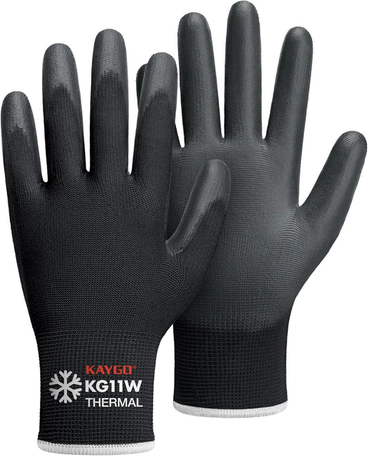 KAYGO Winter Work Gloves for Men and Women, 12 Pairs Thermal Insulated Safety Work Gloves PU Coated, Smooth Grip on Palm & Fingers,Ideal for Freezer Work,Black,XL