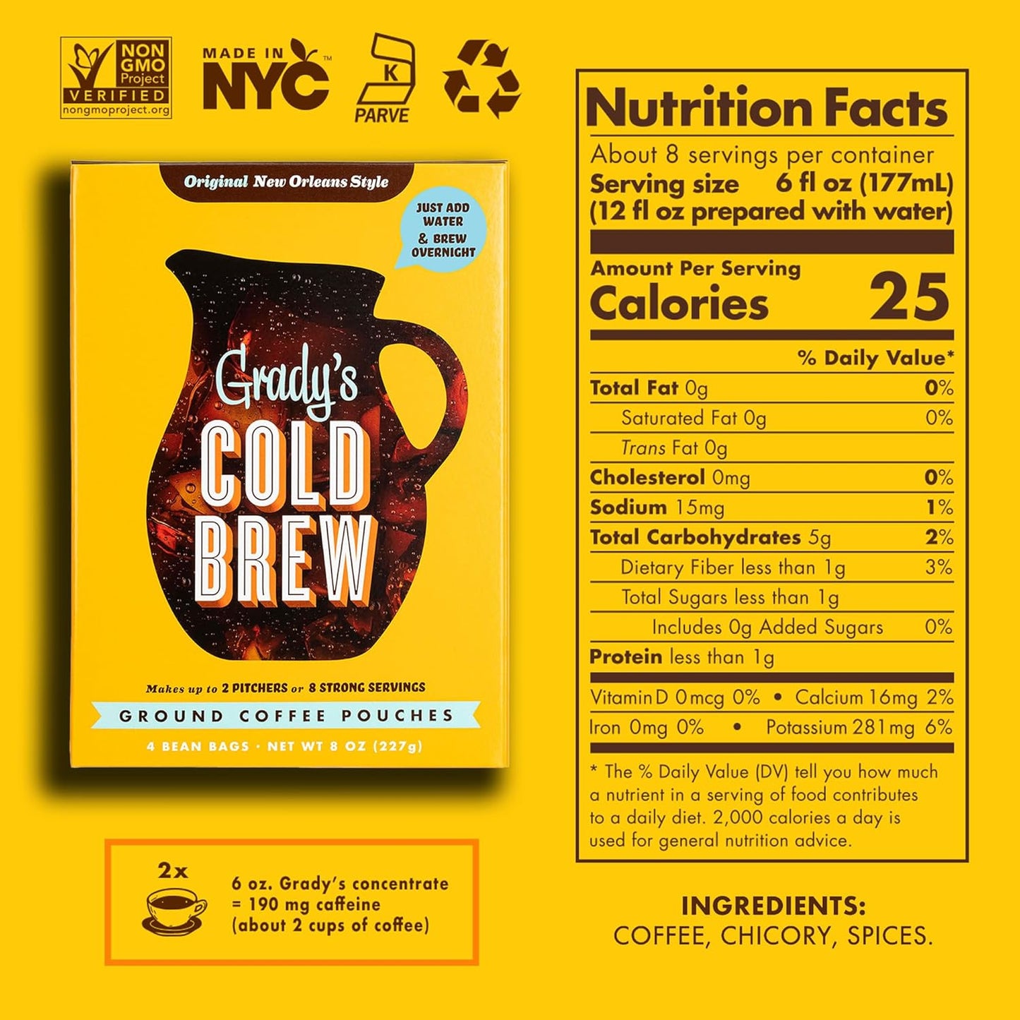 GRADY’S COLD BREW, New Orleans Style, 100% Arabica Ground Coffee & Chicory Pouches, One Box of Four Easy-to-Brew Bean Bags, Makes 12 drinks