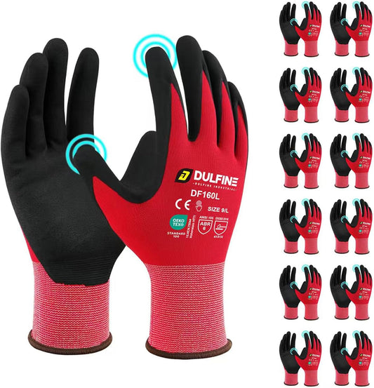 Safety Work Gloves MicroFoam Nitrile Coated-12 Pairs Pack,Red Seamless Knit Nylon Glove with Black Micro-Foam Nitrile Grip,Ideal for General Purpose,Automotive,Home Improvement,Painting(Large)