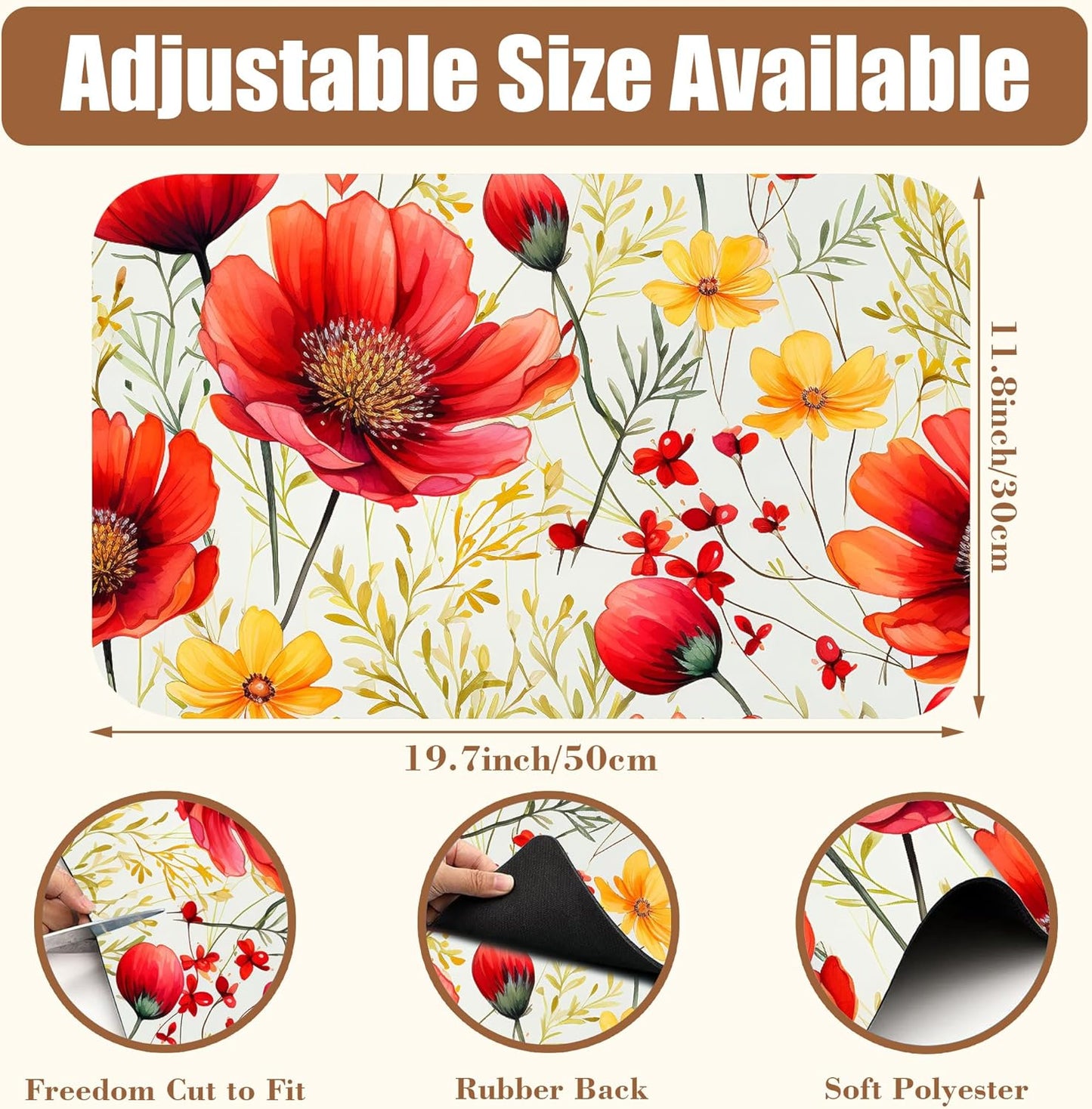 Red and Yellow Flowers Coffee Mat Absorbent Dish Drying Mat for Kitchen Counter Hide Stain Rubber Backed Coffee Bar Accessories Fit Under Espresso Machine, 11.8 x 19.7 Inch