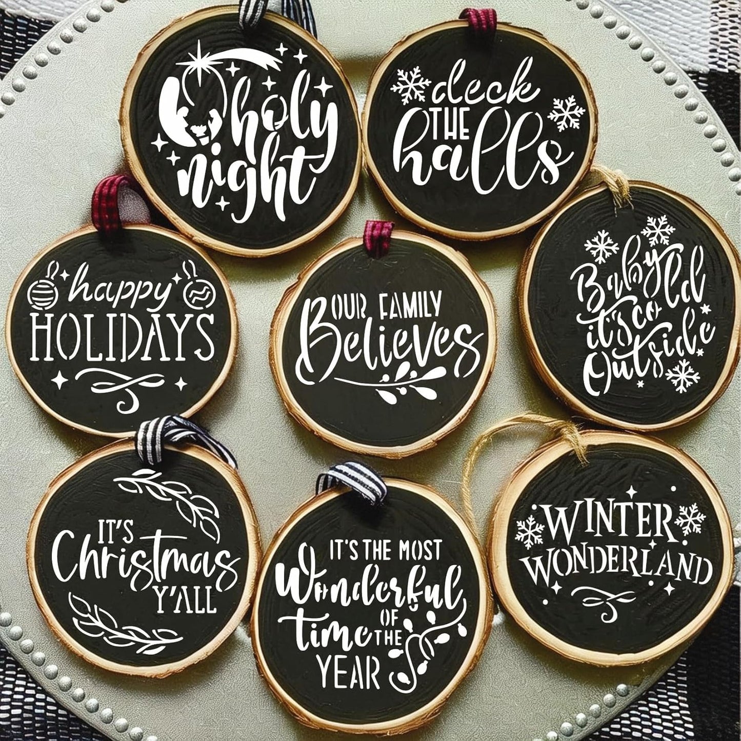 30 Pcs Christmas Stencils for Painting on Wood 4 Inch Reusable Small Christmas Ornament Stencil for DIY Crafts Ornament Wood Card Paper Fabric (30 Words)