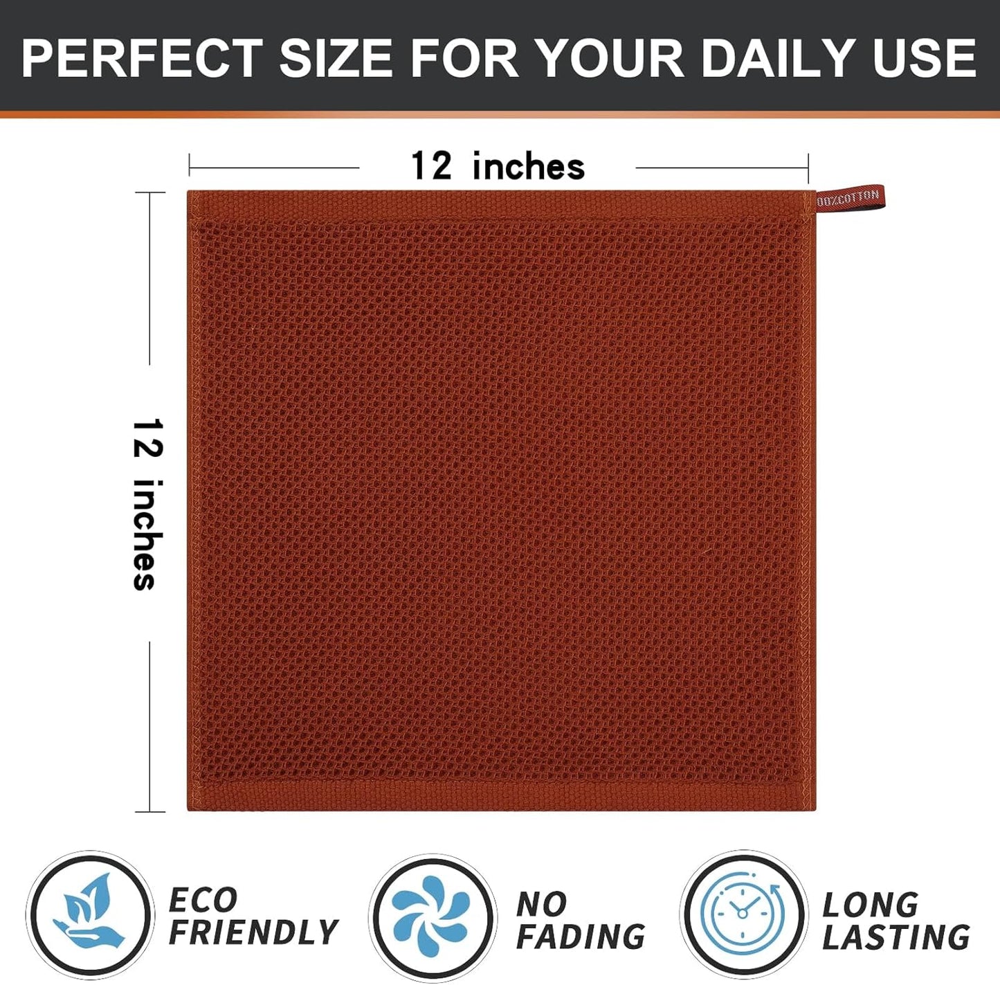 Kitinjoy 100% Cotton Kitchen Dish Cloths, 8 Pack Waffle Weave Ultra Soft Absorbent Dish Towels for Drying Dishes Quick Drying Kitchen Towels Dish Rags, 12 X 12 Inches, Rust