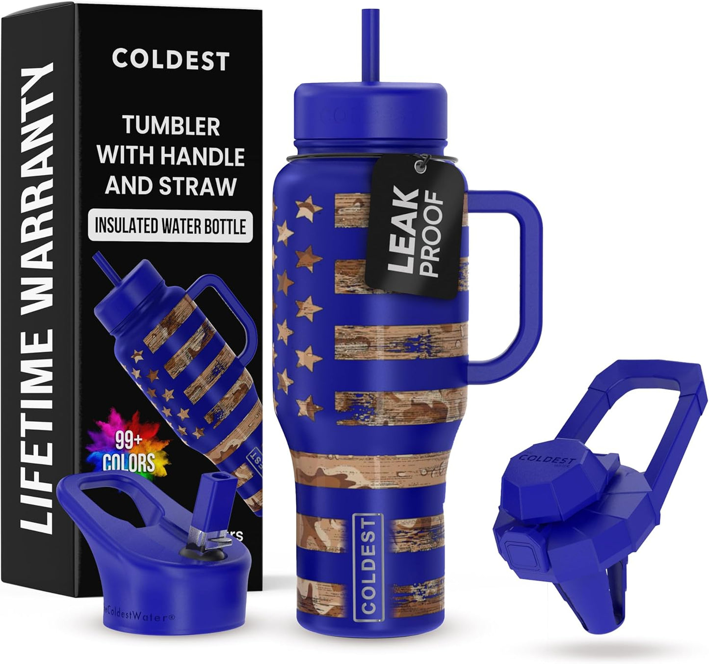 Coldest 40 oz Tumbler with Handle and Straw - 100% Leak Proof Insulated Tumbler with Lid and Straw (3 Lids) - Stainless Steel Tumblers for Women & Men - Cup Holder Friendly Base, 36 oz (The Democrat)