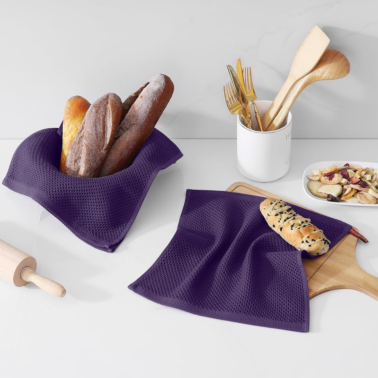 Kitinjoy 100% Cotton Kitchen Dish Cloths (12 X 12 Inches, Eggplant),6 Pack Waffle Weave Ultra Soft Absorbent Dish Towels for Drying Dishes Quick Drying Kitchen Towels Dish Rags