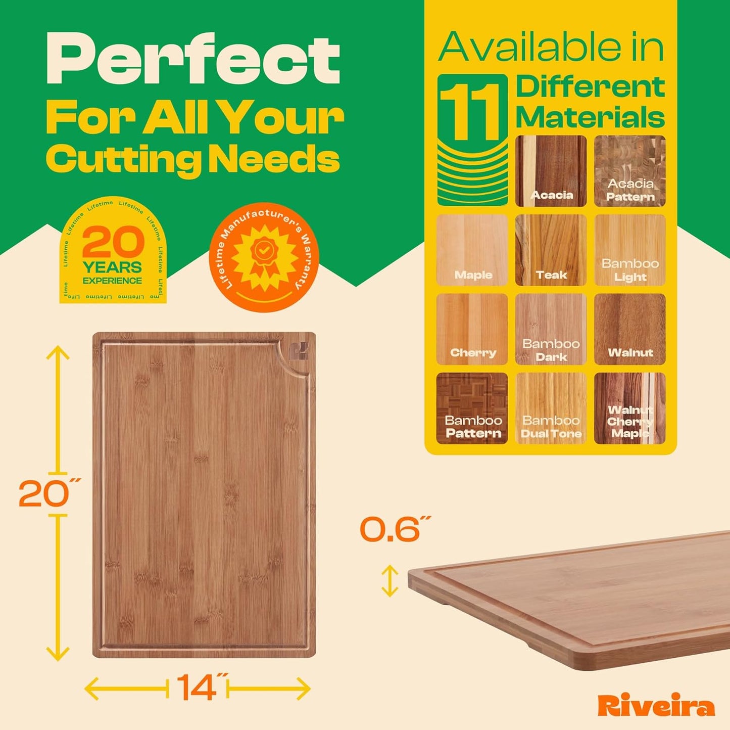 Riveira Brown Bamboo Wood Cutting Board – Gourmet Bamboo Grandeur: 20 x 14 Wooden Cutting Board – Wooden Cutting Boards For Kitchen Decorative – Innovative Juice Grooves Wooden Chopping Board