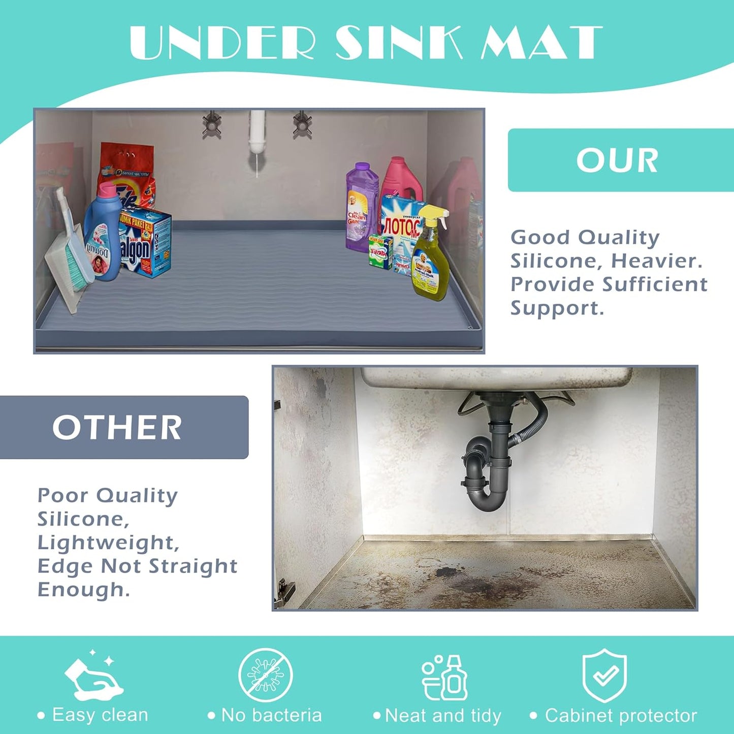 URMONA Waterproof Silicone Under Sink Mat 16'' x 10'' Shelf Liner for Kitchen and Bathroom, Cabinet and Counter Protector, Storage and Organizers, Litter Mat, Pet Cat Puppy Essentials(Dark Grey)