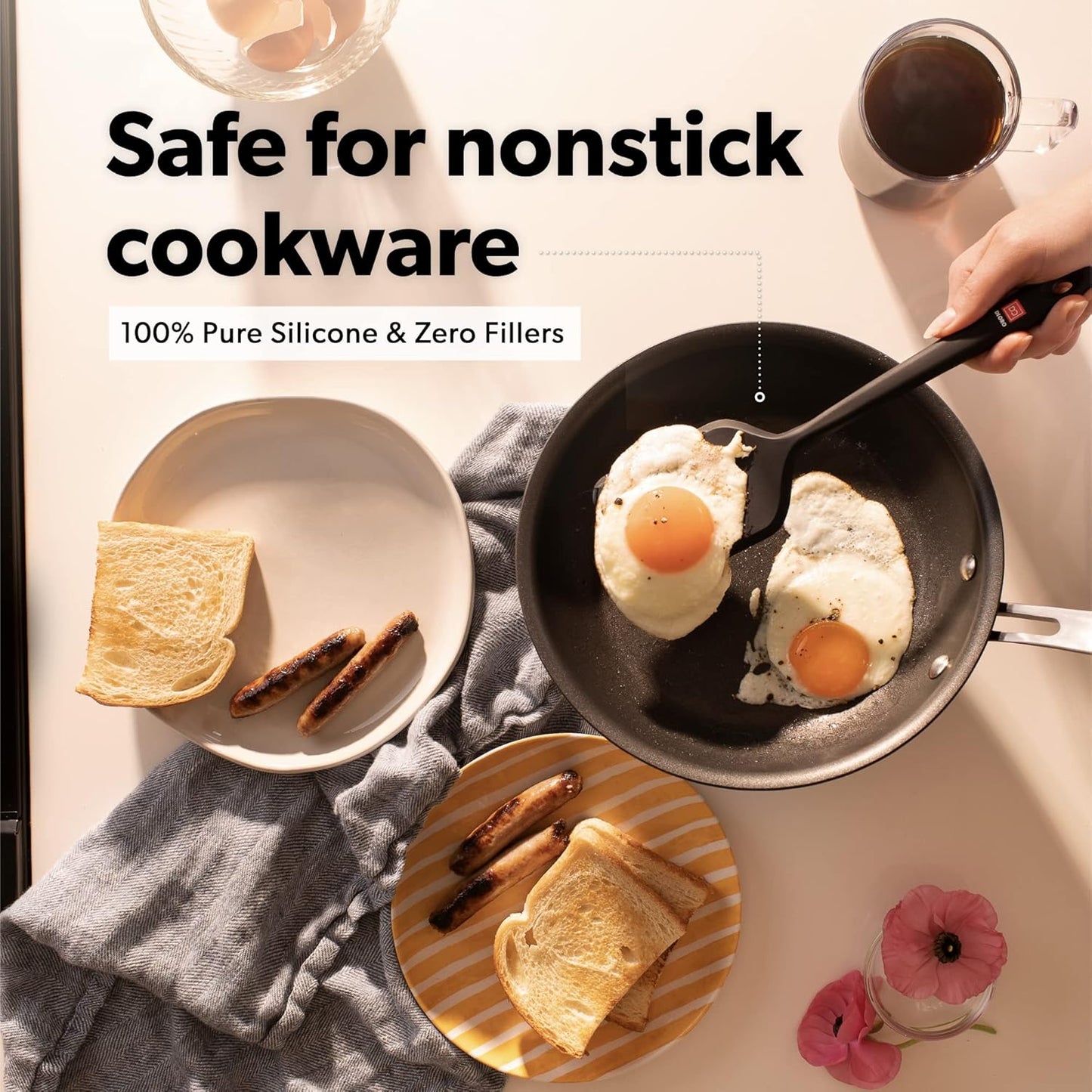 DI ORO Silicone Turner Spatula Set - Kitchen Spatulas for Nonstick Cookware - Cooking Utensils for Flipping Eggs & Pancakes - 600°F Heat-Resistant BPA Free Turners - Dishwasher Safe (2pc, Black)