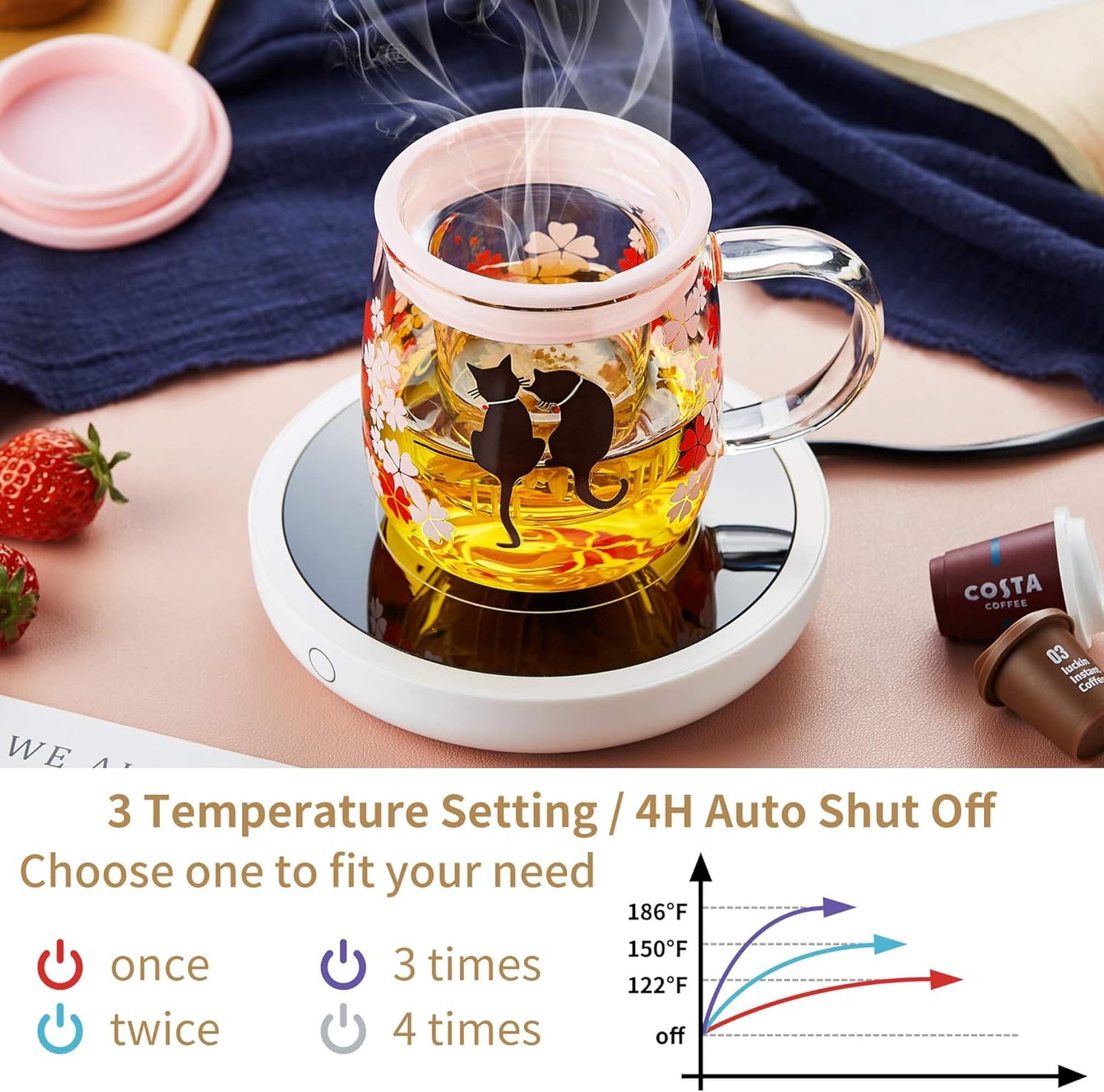 Coffee Mug Warmer for Desk 4H Auto Shut Off, Smart Coffee Cup Warmer with 3 Temperature Setting, Electric Mug Warmer Plate for Coffee, Milk, Tea (White)