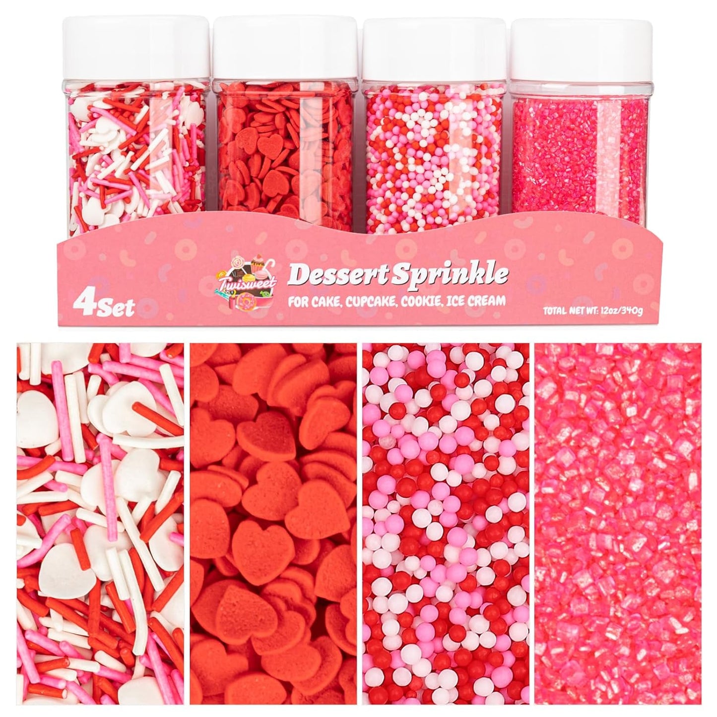 Twisweet Heart Sprinkles for Cake Decorating 12oz, Edible Red Pink and White Nonpareils Sprinkles Mix, Assorted Styles Heart Sprinkles Candy, Cupcake Topper Cookie Ice Cream Cake Decorations, Valentine Mother's Day Birthday Wedding Party Supplies