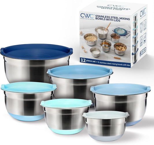 COOK WITH COLOR Stainless Steel Mixing Bowls Set with Lids - Nesting Bowls with Non-Slip Bottom, Blue, 12 Pieces