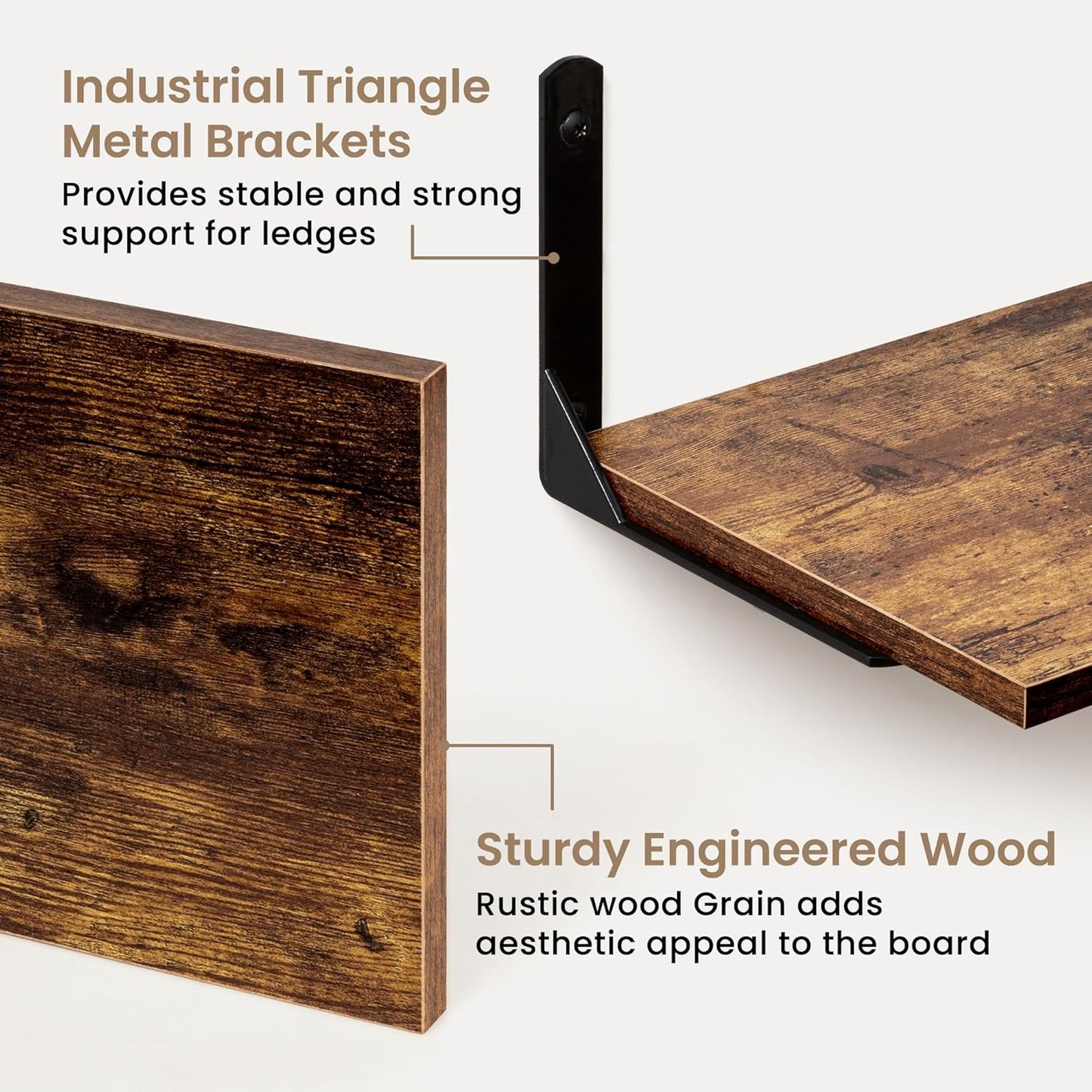 Fun Memories Deep Floating Shelves, 16W x 8D Floating Shelves Set of 2, Wall Mounted Shelf with Metal Brackets, Rustic Wood Wall Shelf for Bathroom, Kitchen and Living Room, Rustic Brown