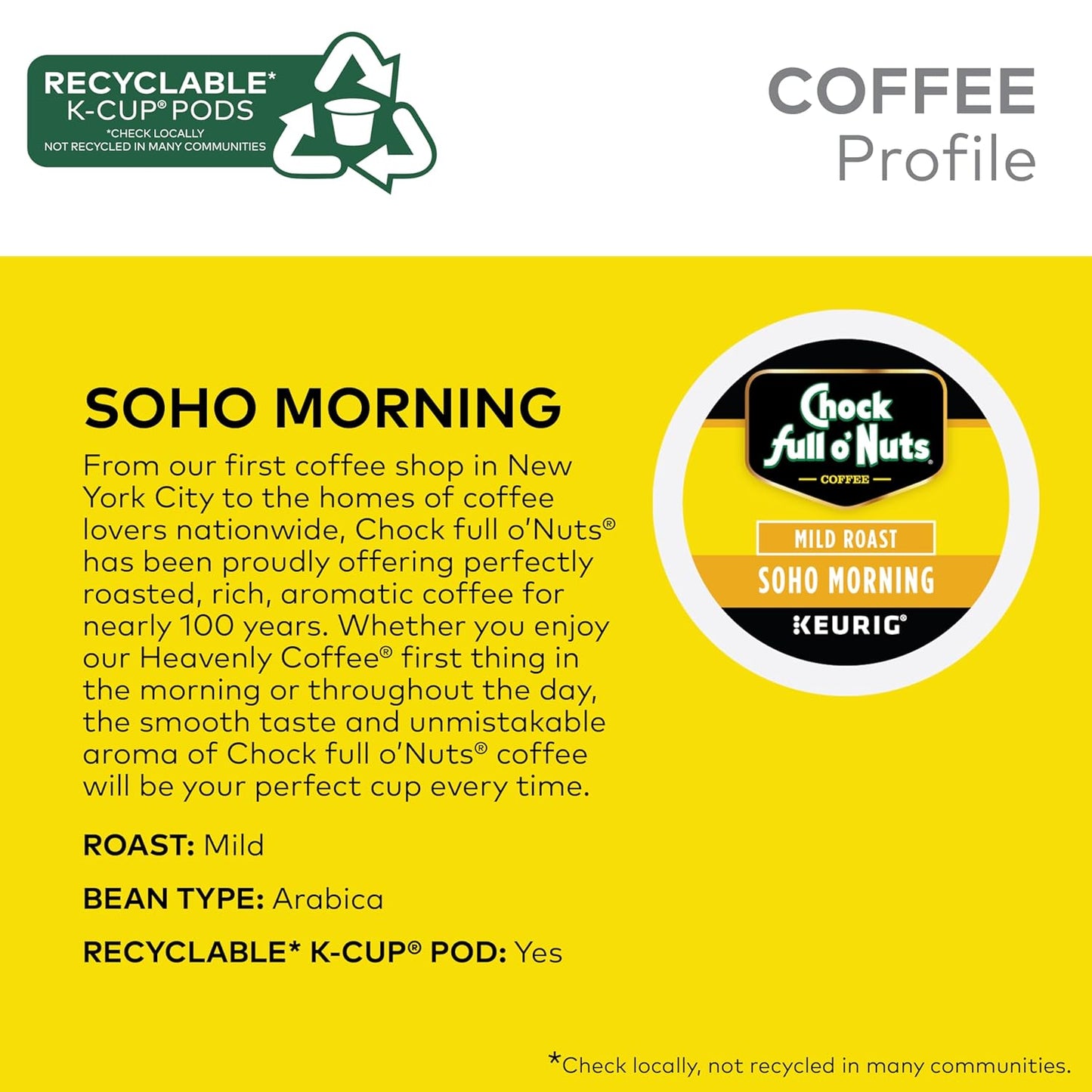 Chock Full o'Nuts Soho Morning Coffee, Mild Roast, Compatible with K-Cup Pods, 12 CT (Pack of 6)