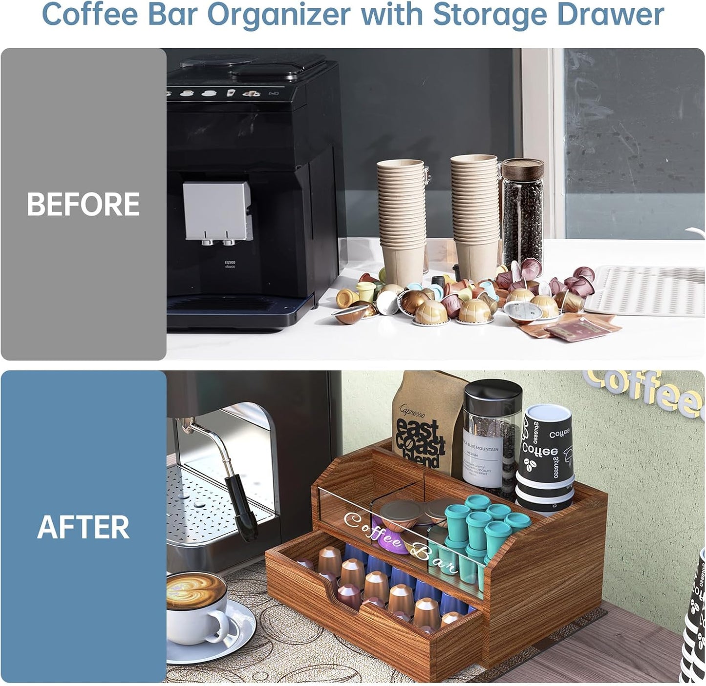 NiHome Solid Wood & Acrylic Coffee Station Organizer with Storage Drawer, Multi-Purpose Adjustable Compartments Coffee Pod Holder for Home, Office, Hotel, Kitchen Counter Storage for Tea, Sugar, Cups