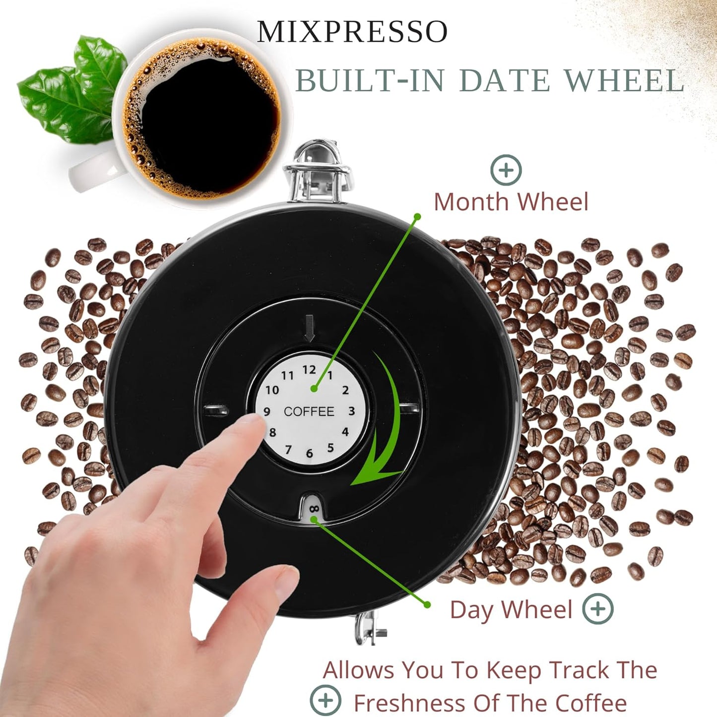 Mixpresso 16 Oz Black Coffee Canister, Stainless Steel Airtight Coffee Container, Air tight Jar Tea Storage with Date Tracker, Vacuum Sealed Espresso Airtight Canister, Sugar Container for Home