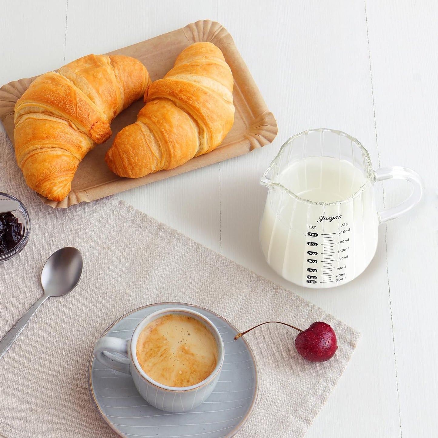 Joeyan 7 oz Glass Measuring Cups with Spout,Borosilicate Large Glass Triple Pitcher with Scale,Origami Style Espresso Shot Glasses with Wood Handle for Coffee Milk