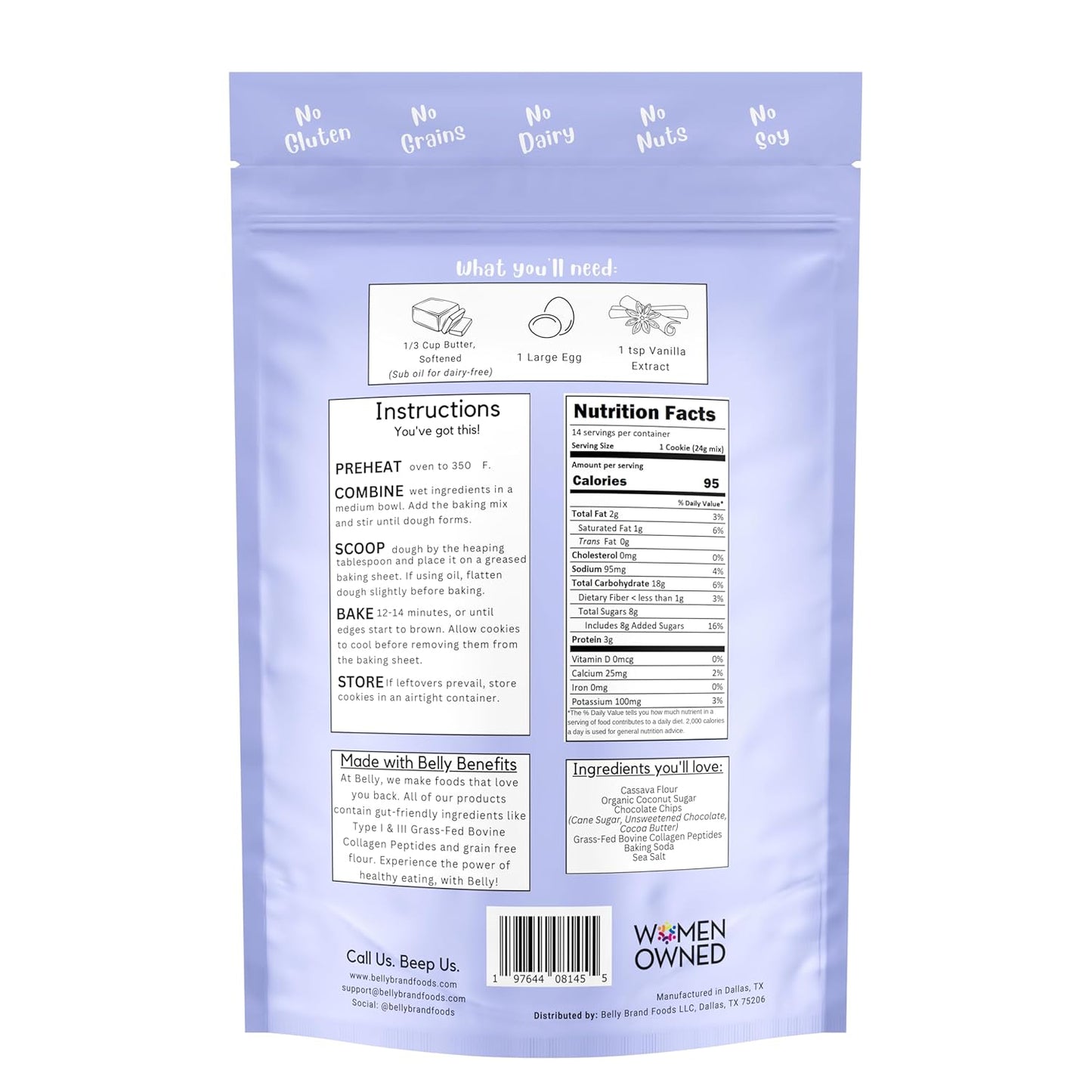 Belly Chocolate Chip Cookie Mix with Collagen Protein | High-Protein | Soft & Chewy Cookies | Grain-Free Dairy-Free Nut-Free | Healthy Snacks For Adults & Kids | Women-Owned Business | 10.5 oz | 3 Pack