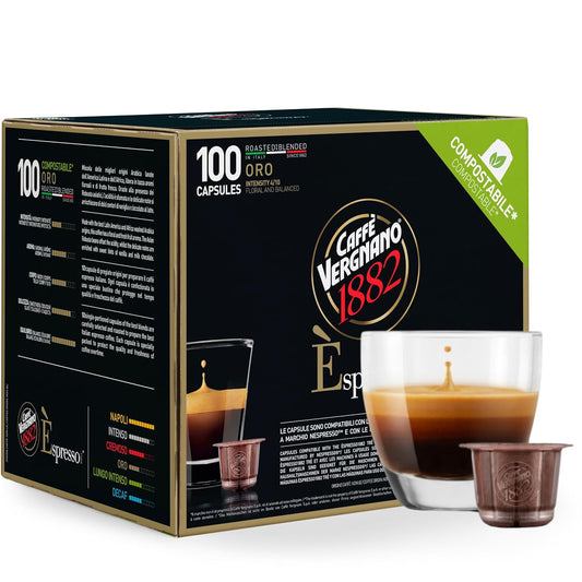 Caffe' Vergnano 1882 Medium Roast Espresso Original Line Machine Compatible Capsules, Arabica Robusta Espresso Coffee, Italian Coffee For Nespresso Coffee Machines, Intensity 4/10, Oro, 100 Ct