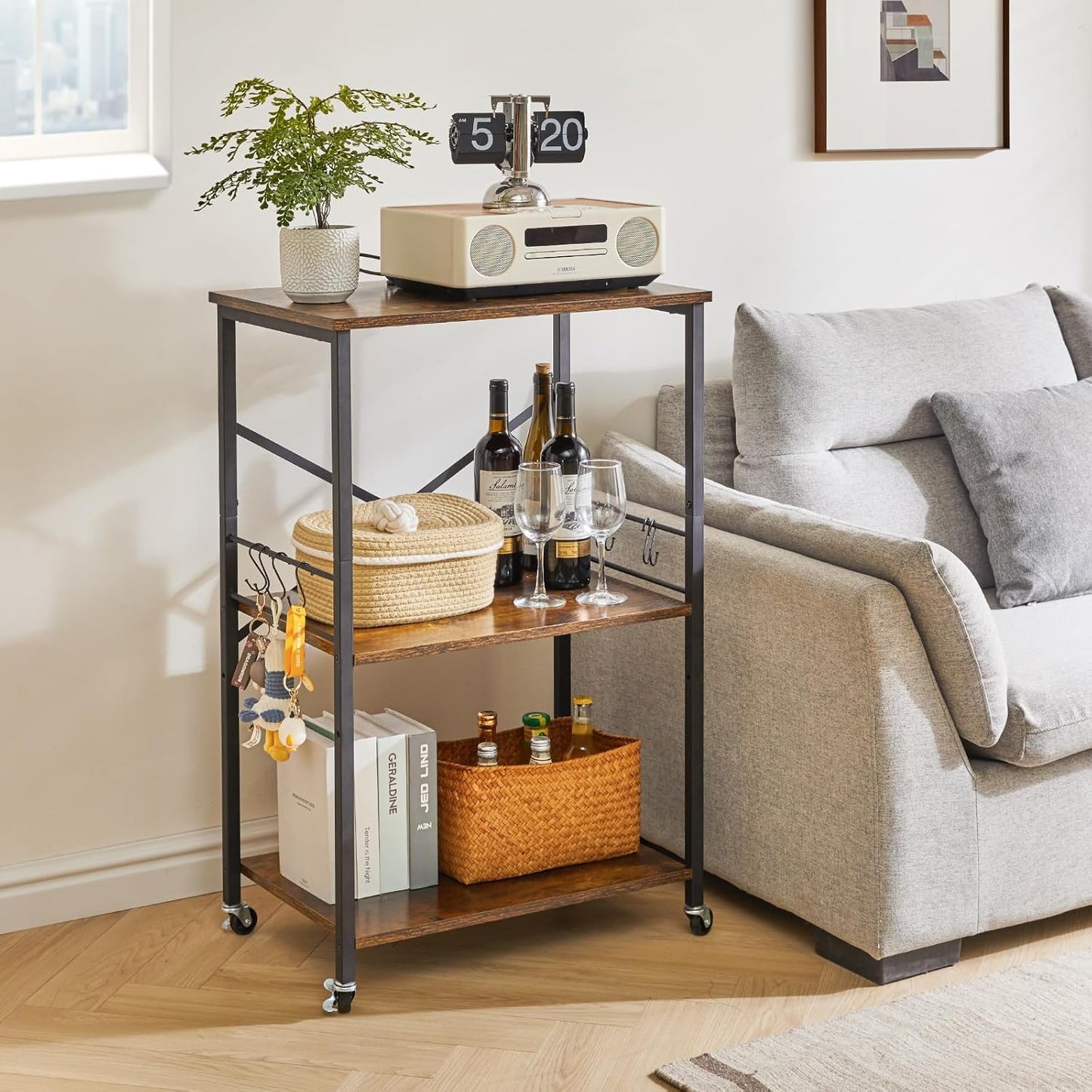 IBUYKE Kitchen Shelf Cart, 3-Tier Microwave Oven Stand, Baker’s Rack with Metal Frame and 8 Hooks, Industrial Printer Stand, Utility Standing Storage Shelf for Coffee Bar, Simple Assembly, TMJ023H