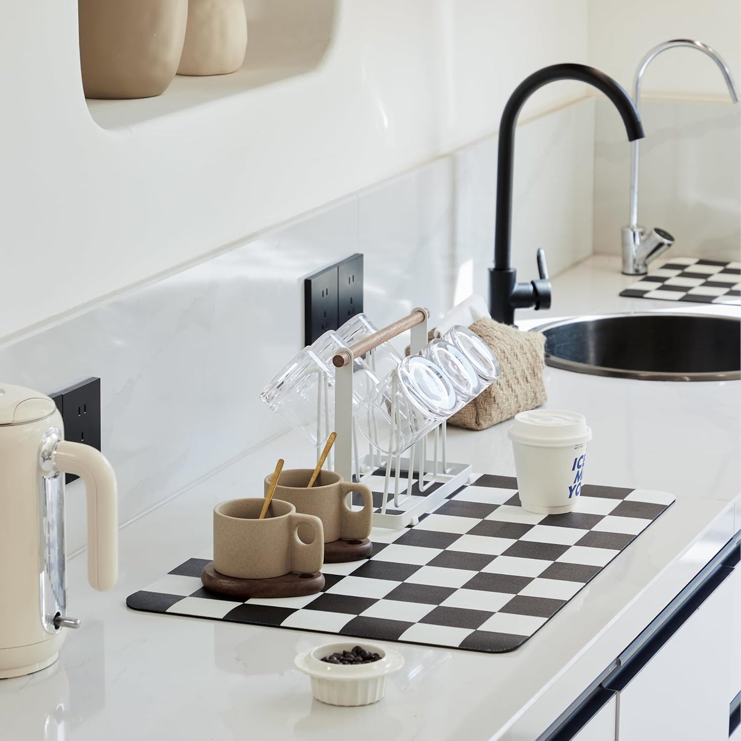 Checkered Dish Drying Mat for Kitchen Counter, Coffee Bar Station Accessories, Retro Cute Aesthetic Modern Absorbent Drainer Mat Kitchen Drying Mat Easy Clean, Black 12" x 19"