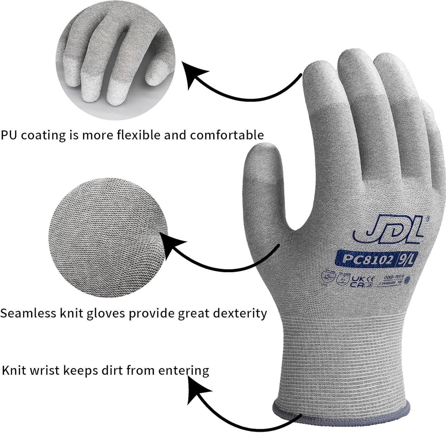 JDL ESD Work Gloves, Anti-Static Gloves for PC Building, 6 pairs, Computer Installation & Repair, High Resistance Carbon Fiber Gloves, X-Large