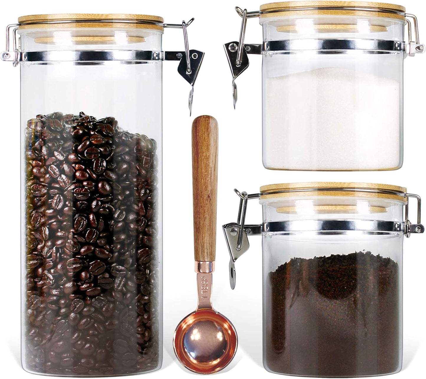Urban Green Borosilicate Glass Storage Jars with Airtight Locking Clamp Lids, Airtight Canister Set，Coffee Set of 3 with Spoon (50oz, 24oz, 18oz), Storage Containers with Bamboo Lid