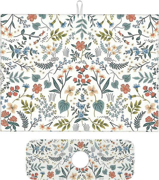 2Pcs Dish Drying Mats Faucet Mats Sets Large Size Coffee Mats Sink Faucet Mat Splash Guard for Kitchen Counter Bathroom Sink Coffee Bar Kitchen Decor (Wildflowers 1, 18"x24" 15" x 5.5"Set)