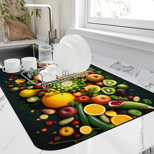 Kitchen Mat Fruits Vegetables Dish Drying Mat 16"x24" Bsorbent Coffee Maker Mat for Sink Dishes or Under Rack Kitchen Counter Accessories Absorbent Hide Stain Rubber Backed Dish Drying Pad