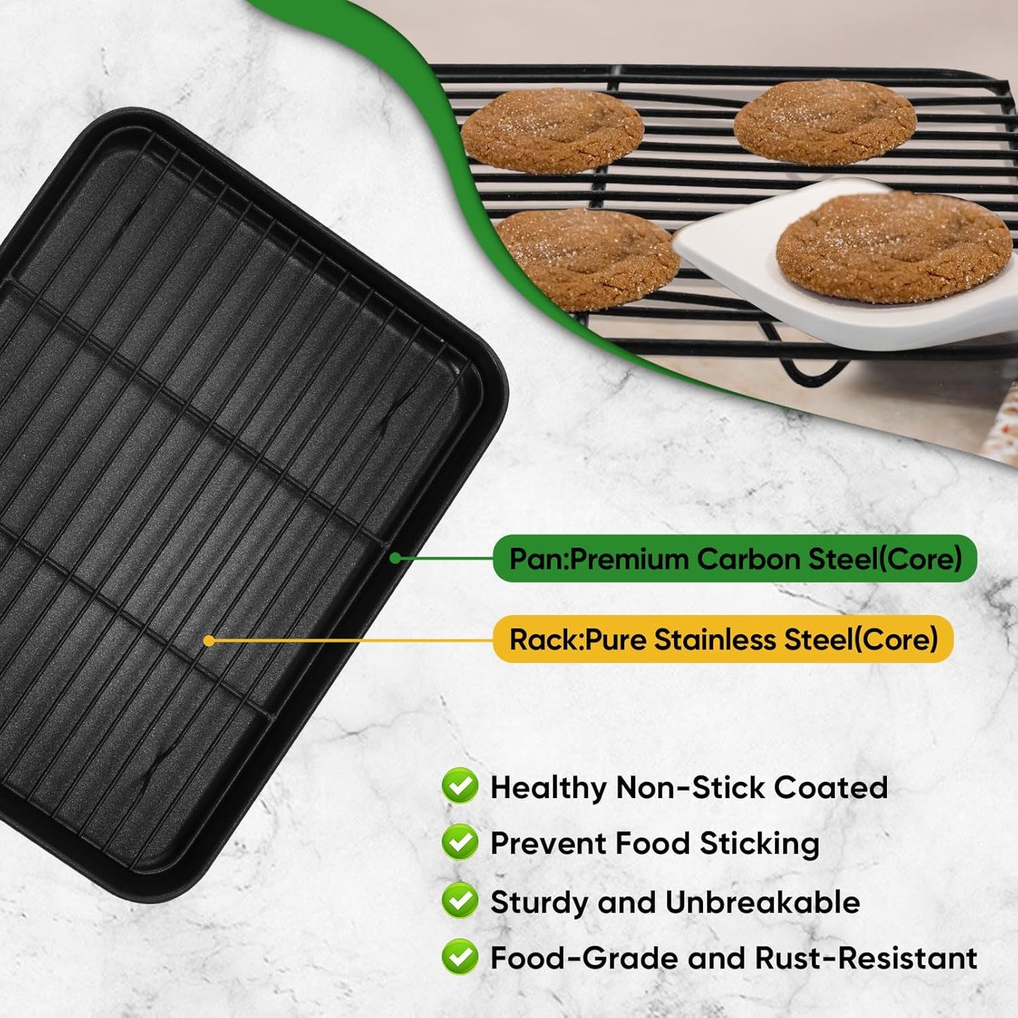 P&P CHEF Baking Oven Sheet Pan with Rack for Cookie, Nonstick Oven Tray and Cooling Rack for Baking & Roasting, Easy Clean, Black, 9.3 x 7 Inch