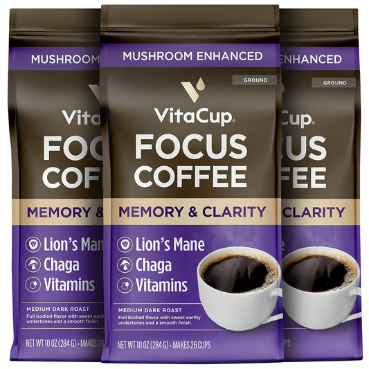 VitaCup Focus Mushroom Coffee Grounds, with Lions Mane, Chaga, B Vitamins, D3, Boost Focus, Immunity, Memory & Clarity, Medium Dark Roast, Bold & Smooth 100% Arabica Specialty, 3 bags, 10oz each
