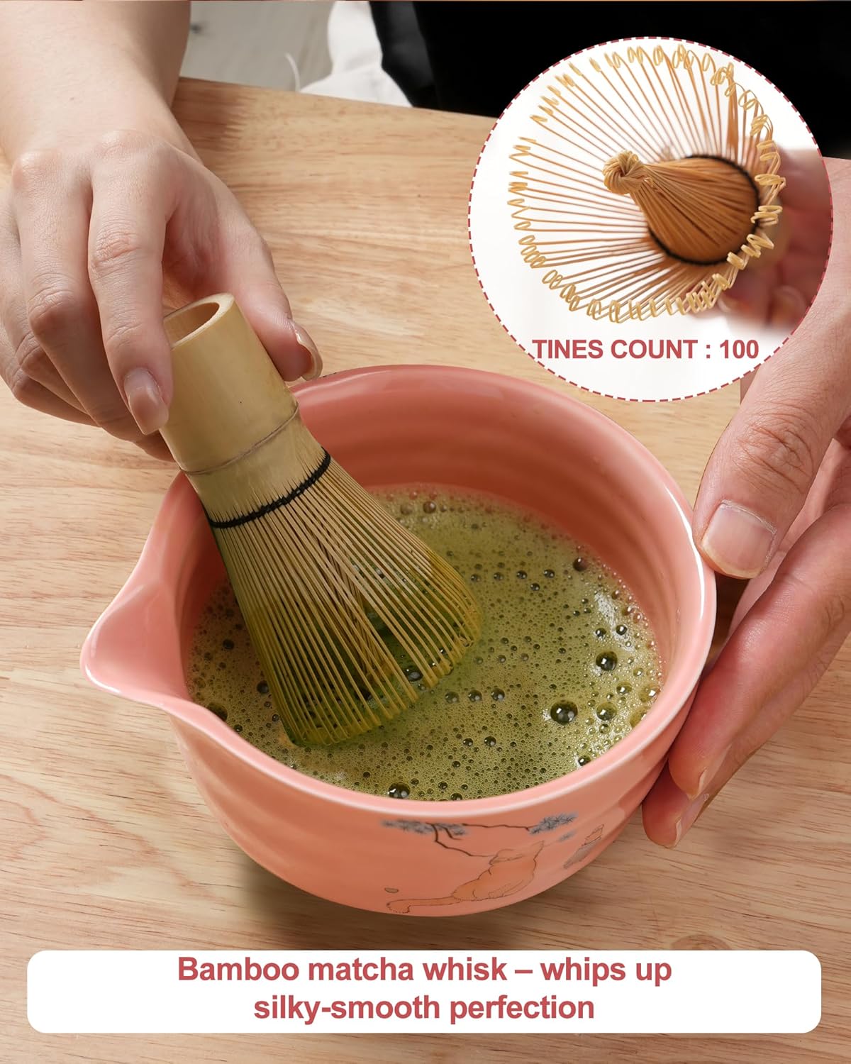 Matcha Set - Japanese Matcha Kit Set 7-Pcs: Ceramic Bowl (Chawan), Matcha Whisk and Holder, Bamboo Scoop, Scoop Rest, Sifter and Towel - Authentic Tea Ceremony Tools for Tea Lovers (Hot Pink)