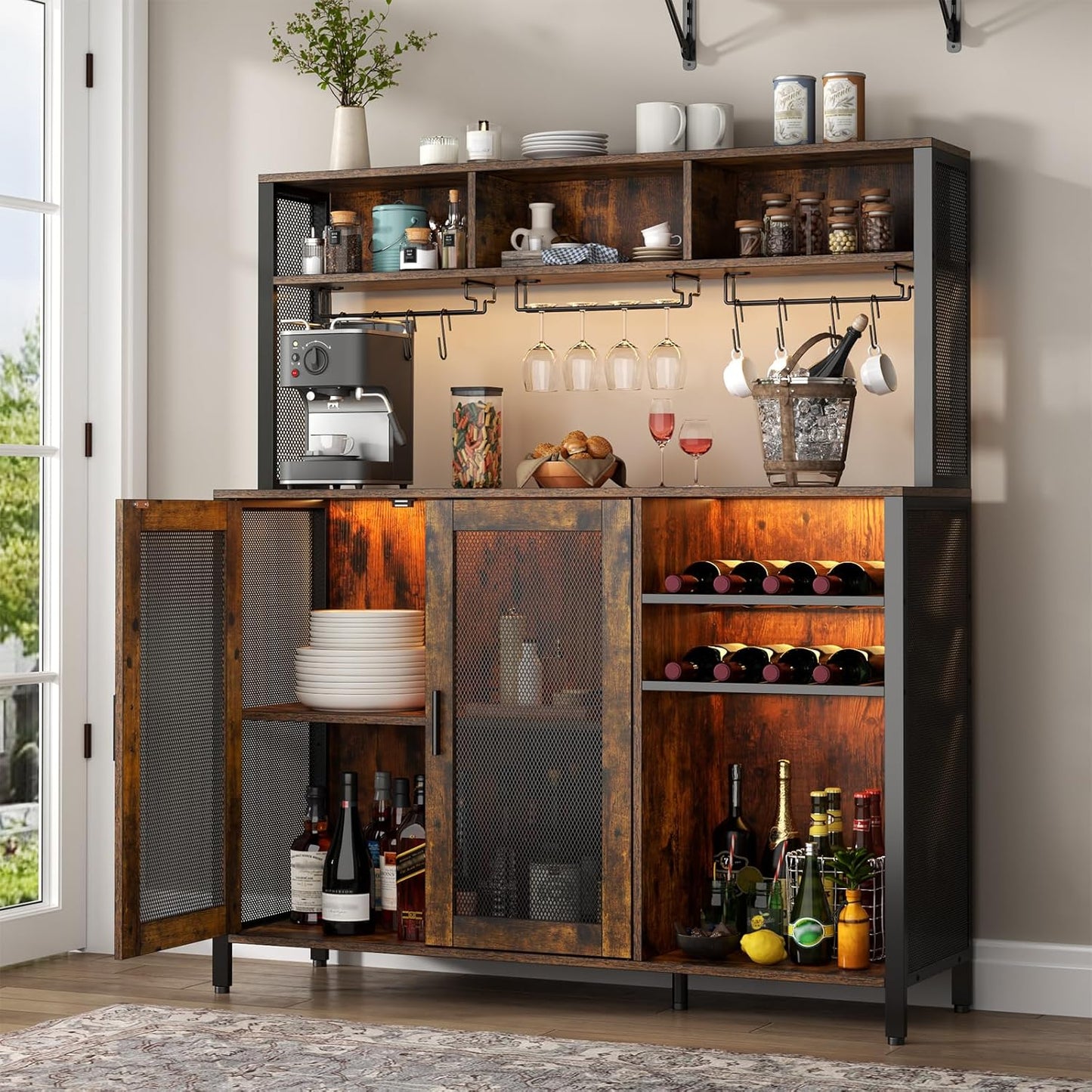 Loomie Wine Bar Cabinet with LED Lights, Industrial Coffee Bar with 3 Storage Compartments & Wine Rack &Glass Holder,Sideboard Buffet for Liquor and Glasses,Liquor Cabinet,Rustic Brown