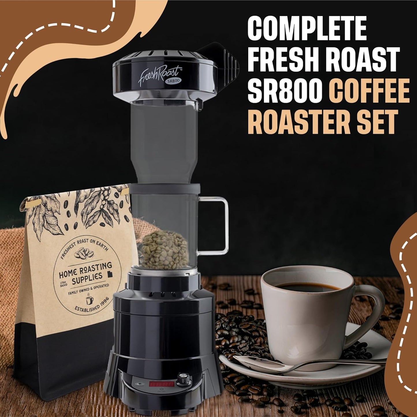 Fresh Roast Coffee Roaster Bundle SR800, Glass Extension Tube, Coffee Bean Cooler, (2 Lbs) Sample Pack of Green Beans, (2- pack) Sample trays