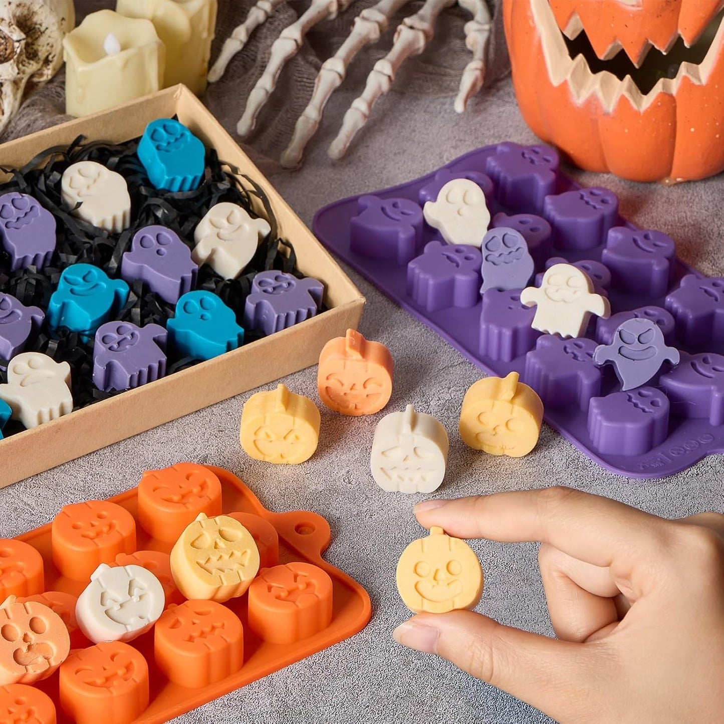 JOERSH Halloween Chocolate Silicone Molds, 4PCS Pumpkin Ghost Shaped Candy Mold Non Stick Baking Pan for DIY Chocolate, Fondant, Jello, Gummy, Candy, Cake Topper, Dessert Decorating