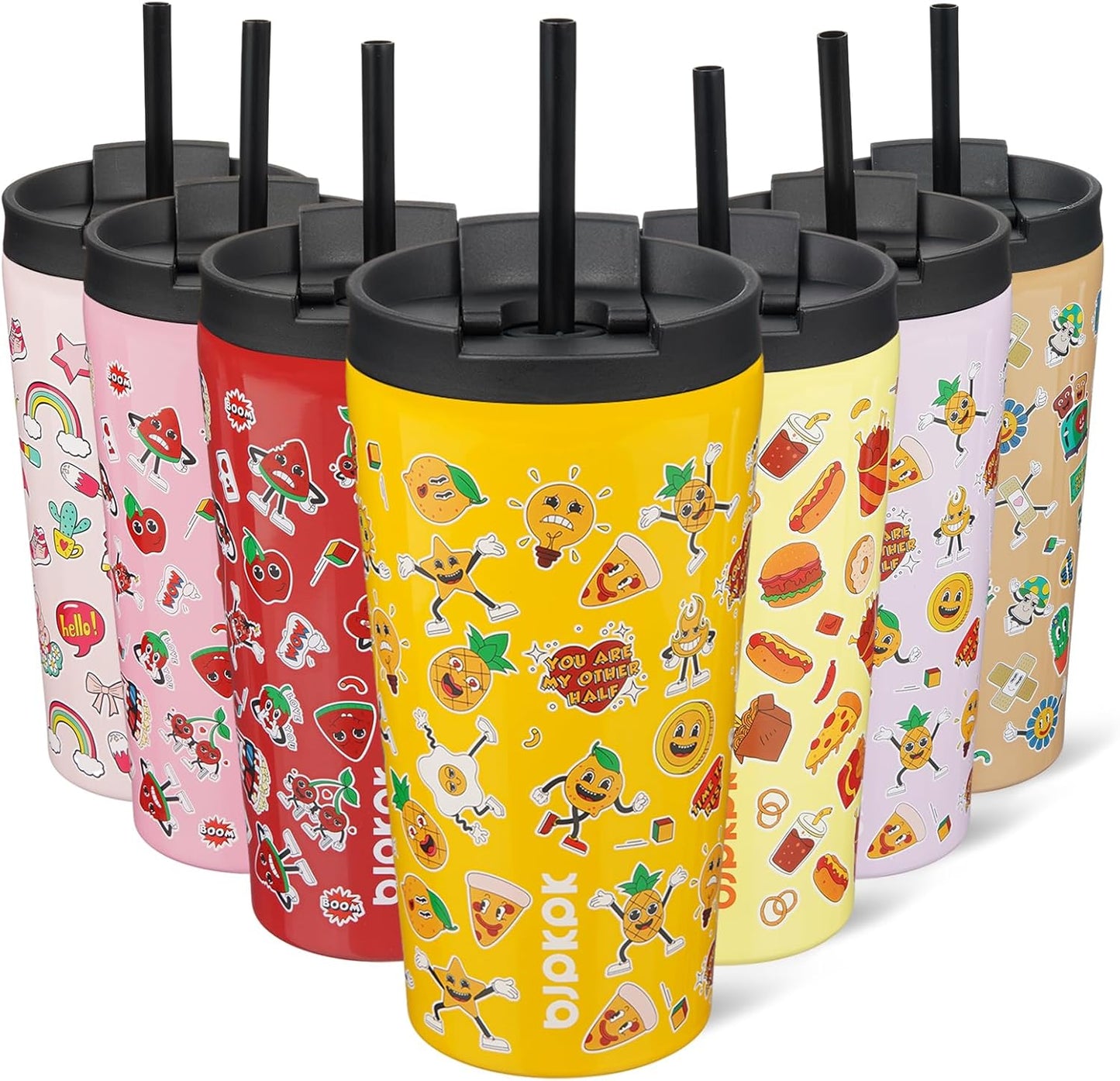 BJPKPK 18oz Insulated Tumbler With lid And Straw Stainless Steel Tumblers Travel Coffee Mug Reusable Thermal Cup,Hawaii Fruits Yellow