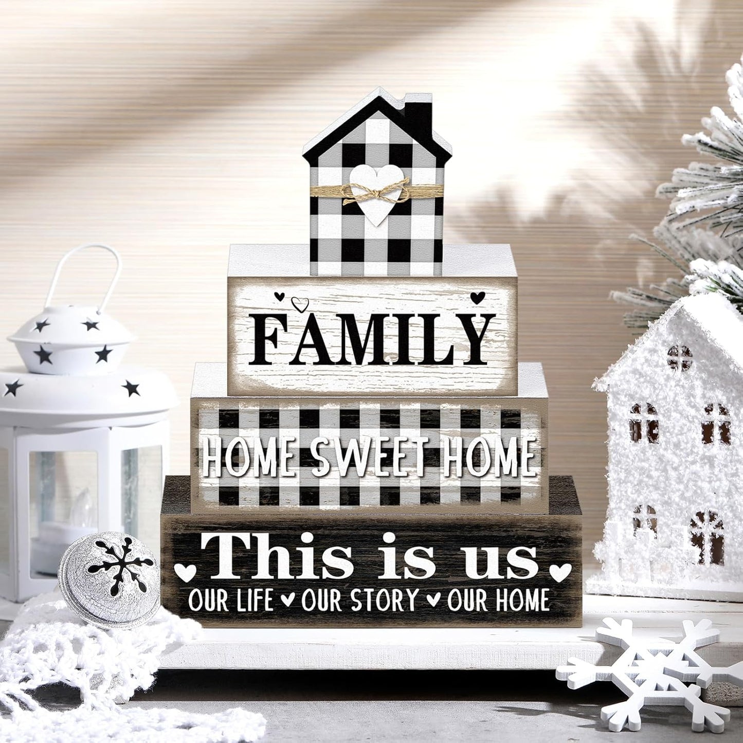 Farmhouse Wooden Tabletop Decor Rustic Home Sweet Home Table Centerpieces This Is Us Block Sign Black and White Buffalo Plaid Table Decor for Kitchen Shelf Desk Mantel Tiered Tray Decoration