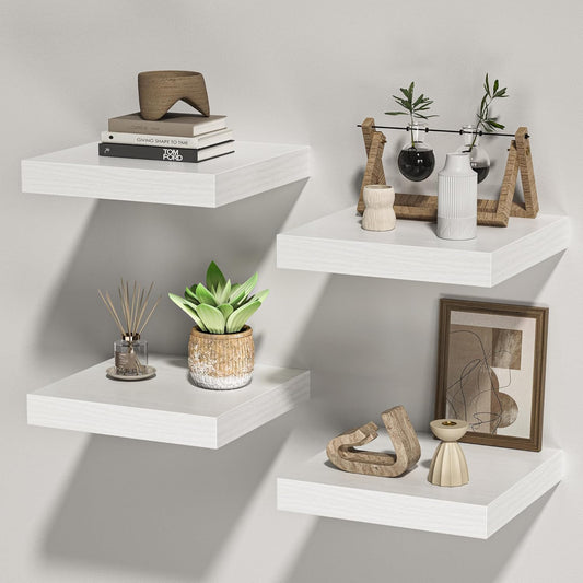 Square Floating Shelves for Wall, 10" W x 10" D x 1.2" H, Small Wooden Wall Mounted Display Shelves with Invisible Brackets for Living Room, Bedroom, Bathroom, Kitchen Decor, Set of 4, White