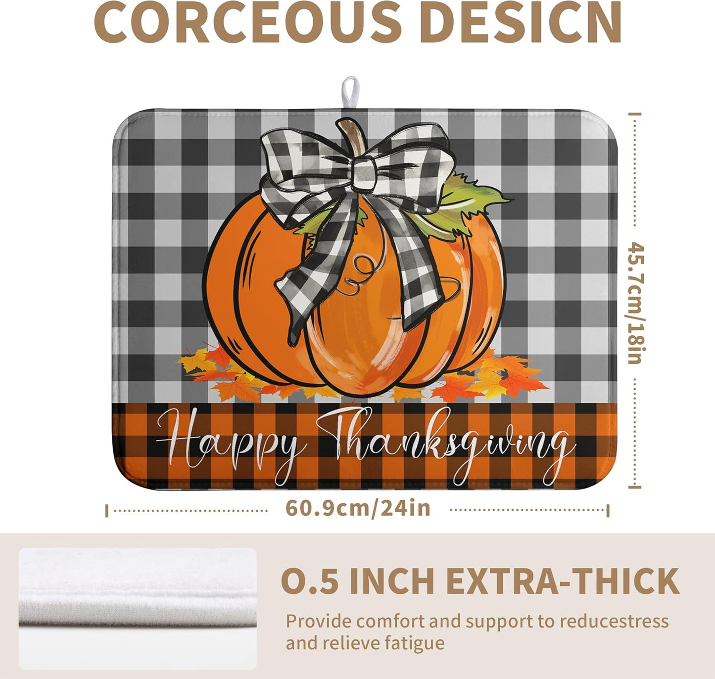 Fall Pumpkin Dish Drying Mats Thanksgiving Kitchen Drying Mat Buffalo Plaid Microfiber Large Dish Dryer Pad Maple Leaves Absorbent Dishes Drain Matt XL Washable Foldable(18x24 in)