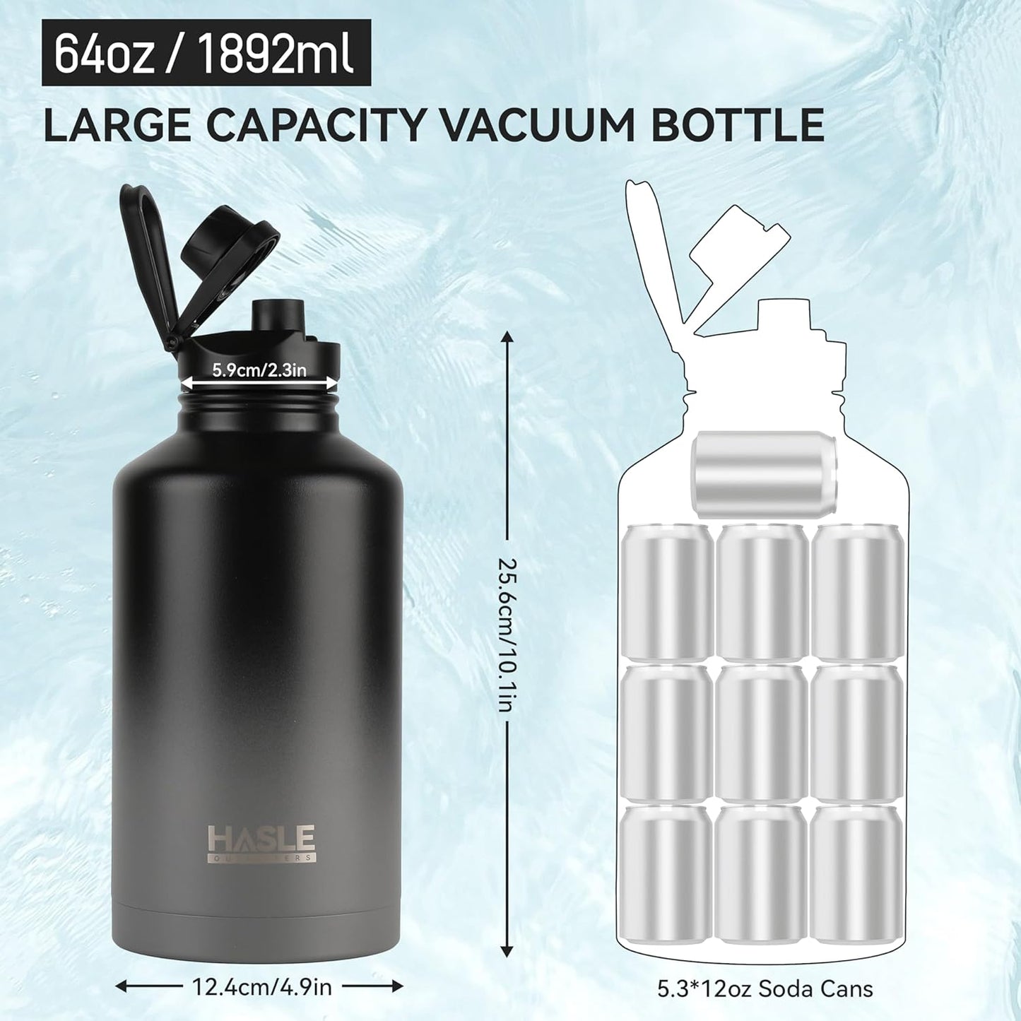 HASLE OUTFITTERS Half Gallon Insulated Water Bottles 64 oz, Stainless Steel Metal Water Jug with 2 Lids Keep Cold 48h/Hot 24h, Leak Proof & BPA-Free Water Flask Jug(Black Gray Gradient,1)
