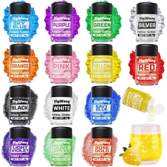 Edible Glitter Set - 15 Colors Food Grade Luster Dust, Edible Glitter Powder for Drinks, Cake Decorating, Chocolates, Fondant, Strawberries, Cupcakes, Candy, Cookie. Vegan - 5g/bottle