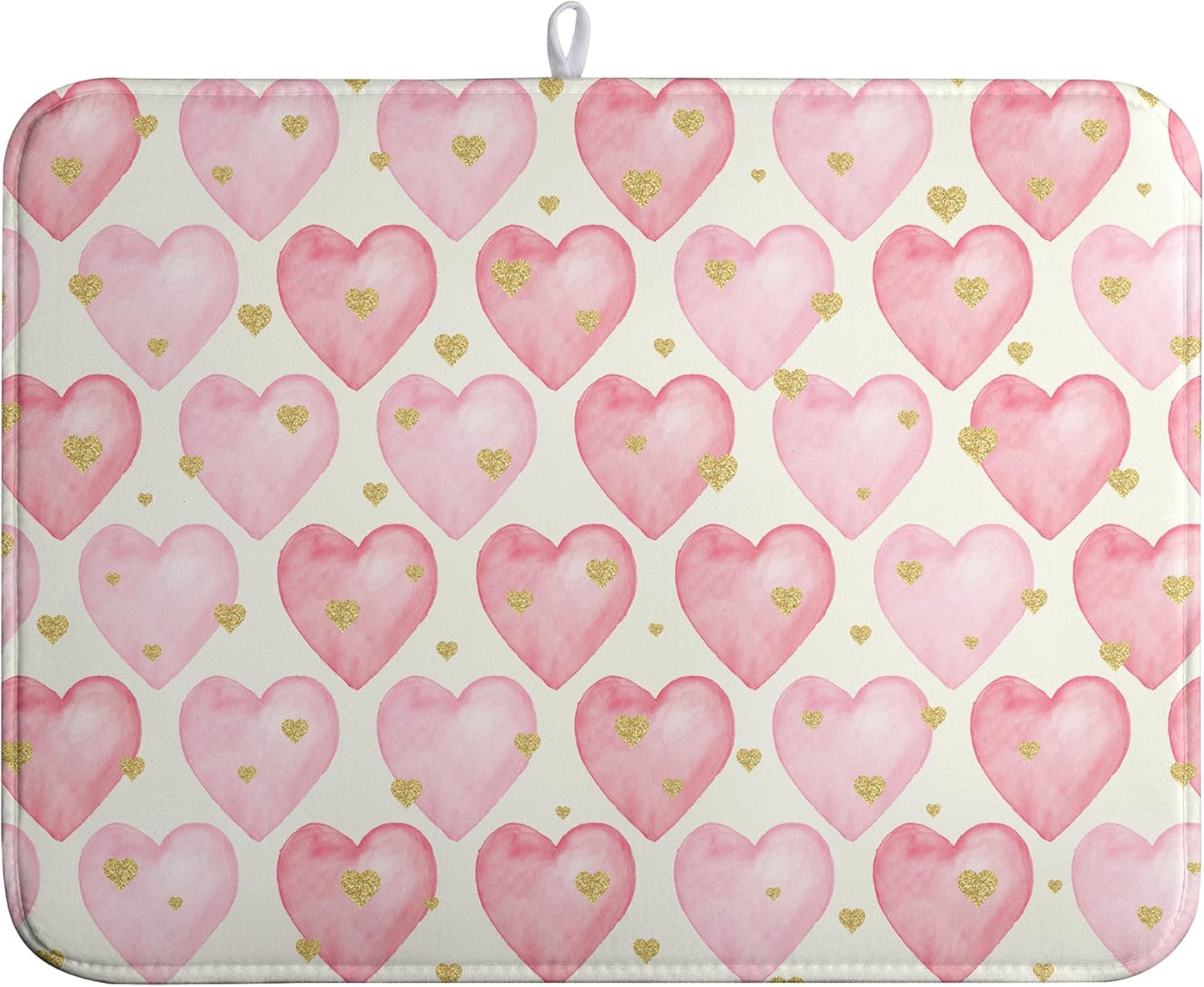 Valentines Dish Drying Mat Valentine Dishes Drying Pad Pink Golden Heart Love Absorbent Dish Dryer Matt for Kitchen Countertops Microfiber 18x24 Inches