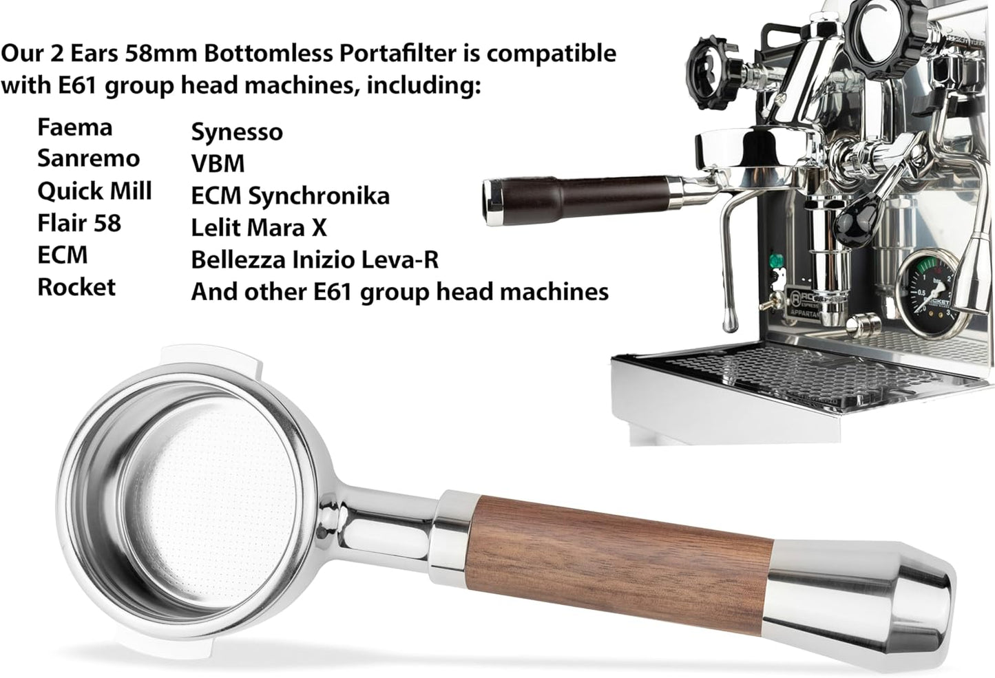 LILQ 58mm Bottomless Naked 2 Ears Portafilter Compatible with E61 Grouphead Machines– Includes 18–20g Basket (Walnut, 58mm For E61)