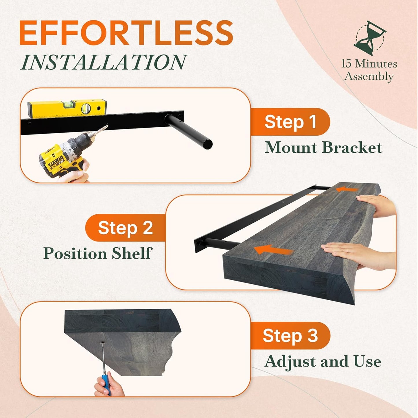 36" Acacia Live Edge Floating Shelves Set of 2 - Wall Mounted Wooden Shelf for Stylish Home Décor - Mocha Color 36x7.5x1.5 Inches